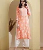Ada Hand Embroidered Peach Modal Lucknowi Chikankari Indian Women Straight Kurta - A411533