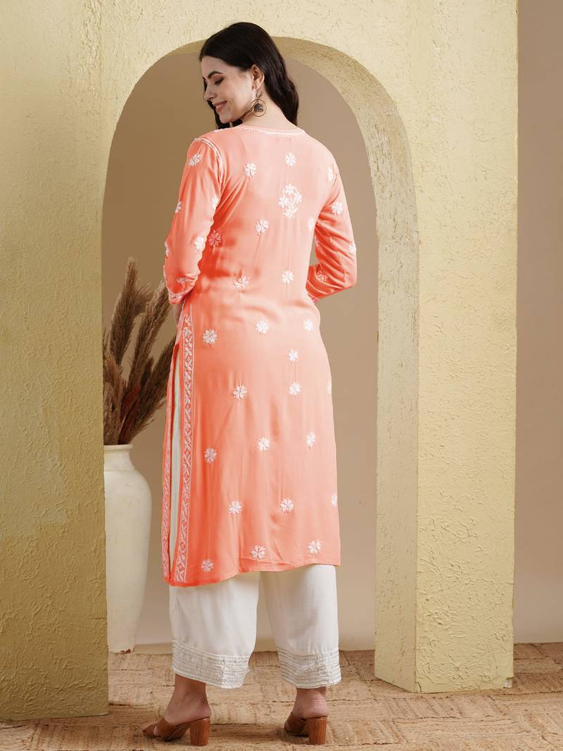 Ada Hand Embroidered Peach Modal Lucknowi Chikankari Indian Women Straight Kurta - A411533