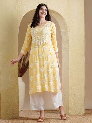 Ada Hand Embroidered Yellow Modal Lucknowi Chikankari Indian Women Straight Kurta - A411534 1