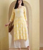 Ada Hand Embroidered Yellow Modal Lucknowi Chikankari Indian Women Straight Kurta - A411534