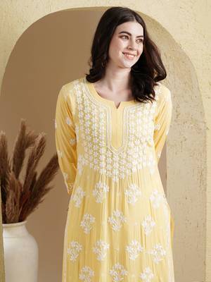 Ada Hand Embroidered Yellow Modal Lucknowi Chikankari Indian Women Straight Kurta - A411534 3