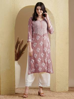Ada Hand Embroidered Dusty Pink Modal Lucknowi Chikankari Women Indian Straight Kurta - A411535 1