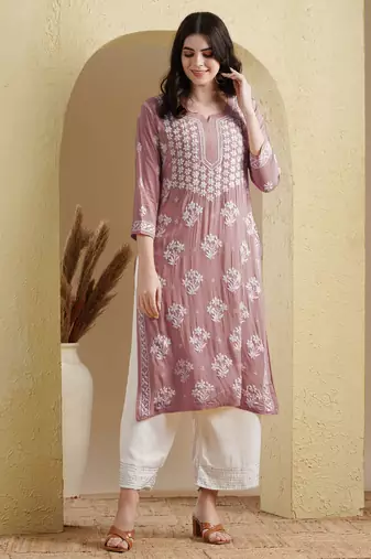 Ada Hand Embroidered Dusty Pink Modal Lucknowi Chikankari Women Indian Straight Kurta - A411535