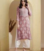 Ada Hand Embroidered Dusty Pink Modal Lucknowi Chikankari Women Indian Straight Kurta - A411535