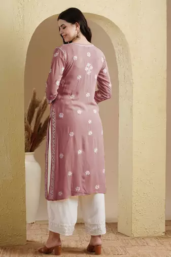 Ada Hand Embroidered Dusty Pink Modal Lucknowi Chikankari Women Indian Straight Kurta - A411535