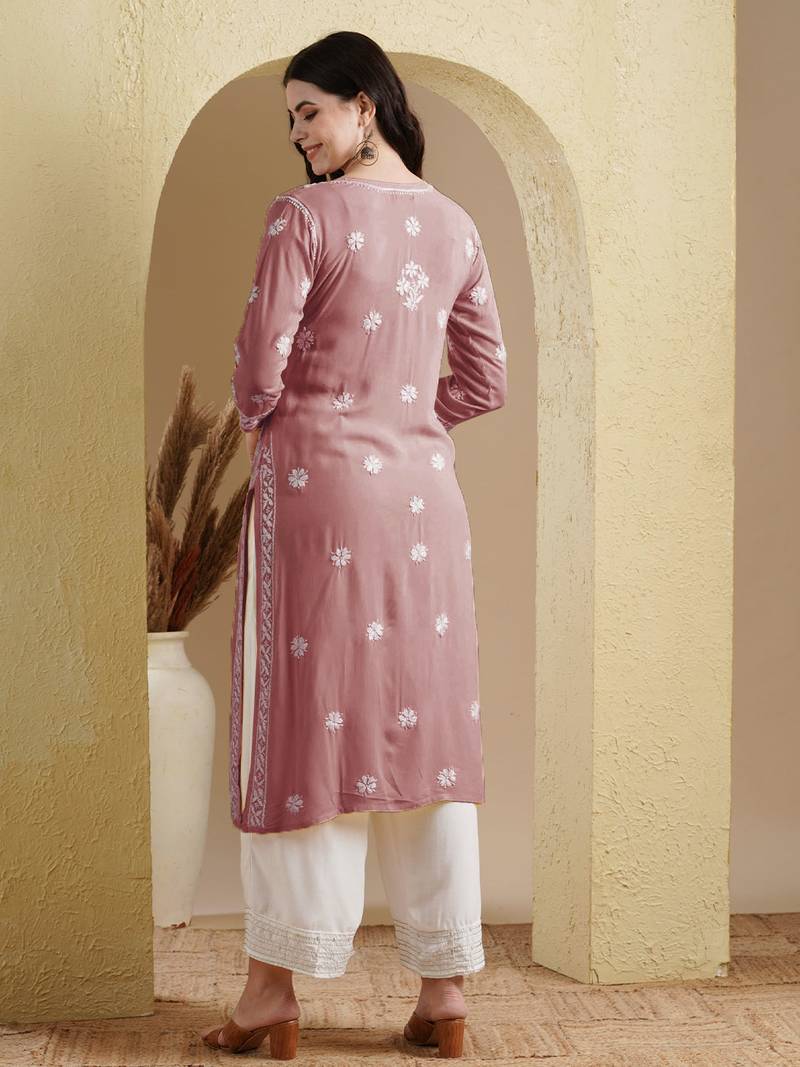 Ada Hand Embroidered Dusty Pink Modal Lucknowi Chikankari Women Indian Straight Kurta - A411535