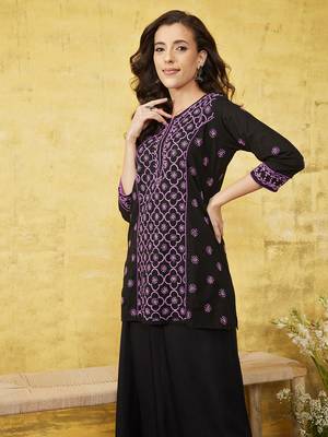 Hand Embroidered Black & Mauve Cotton Lucknowi Chikankari Indian Women Straight Kurti 1
