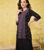 Hand Embroidered Black & Mauve Cotton Lucknowi Chikankari Indian Women Straight Kurti