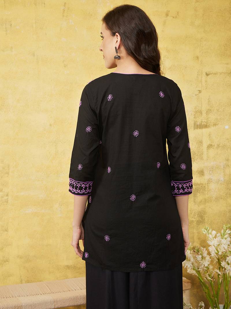 Hand Embroidered Black & Mauve Cotton Lucknowi Chikankari Indian Women Straight Kurti