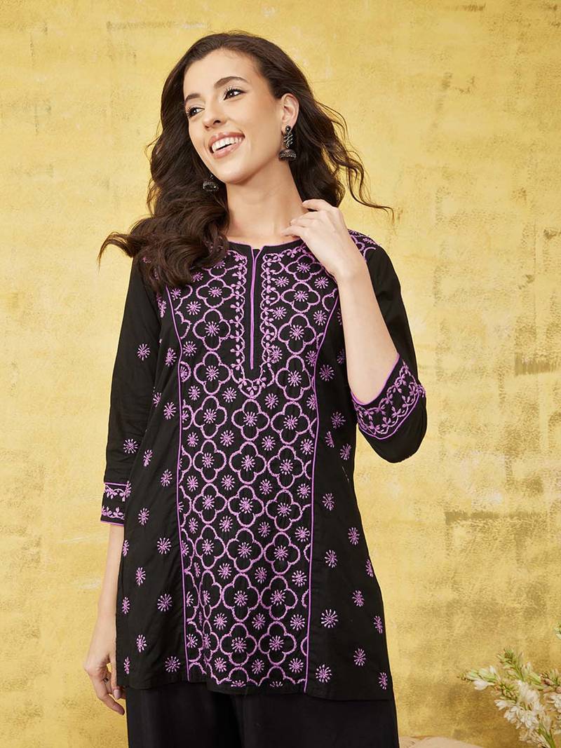 Hand Embroidered Black & Mauve Cotton Lucknowi Chikankari Indian Women Straight Kurti