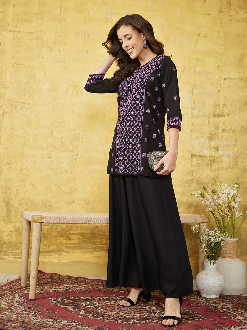 Hand Embroidered Black & Mauve Cotton Lucknowi Chikankari Indian Women Straight Kurti