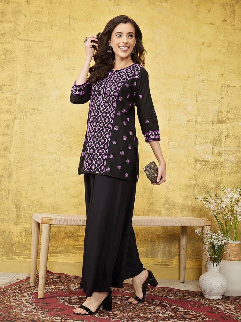 Hand Embroidered Black & Mauve Cotton Lucknowi Chikankari Indian Women Straight Kurti