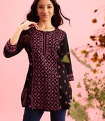 Hand Embroidered Black Cotton Lucknowi Chikankari Indian Women Straight Kurti