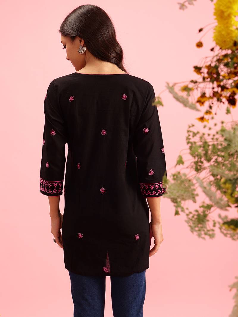 Hand Embroidered Black Cotton Lucknowi Chikankari Indian Women Straight Kurti