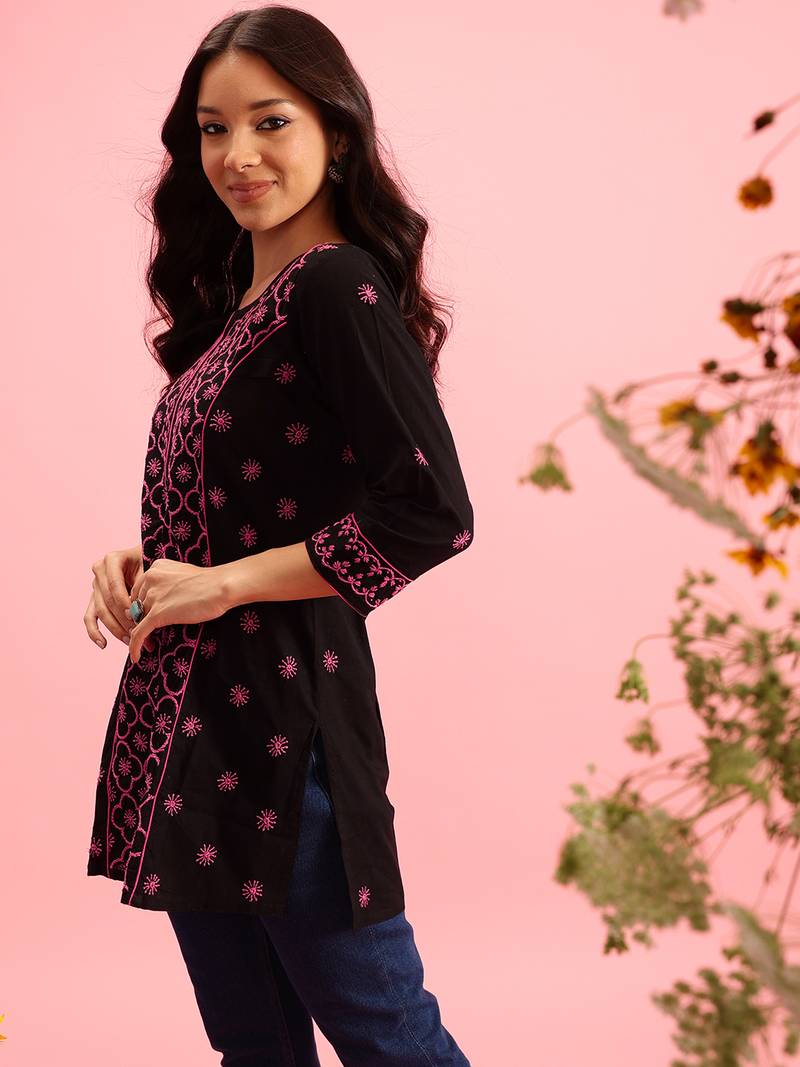 Hand Embroidered Black Cotton Lucknowi Chikankari Indian Women Straight Kurti
