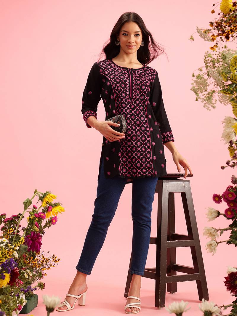Hand Embroidered Black Cotton Lucknowi Chikankari Indian Women Straight Kurti