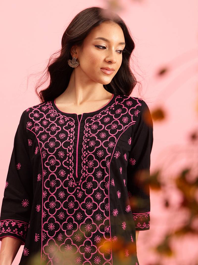 Hand Embroidered Black Cotton Lucknowi Chikankari Indian Women Straight Kurti