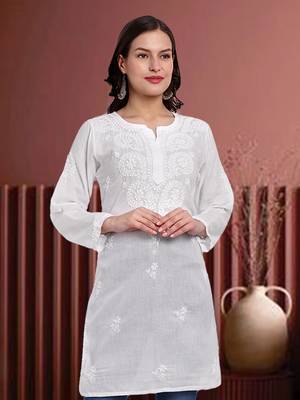 Hand Embroidered White Cotton Lucknowi Chikankari Indian Women Kurti 1