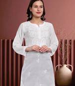 Hand Embroidered White Cotton Lucknowi Chikankari Indian Women Kurti