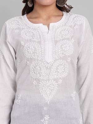 Hand Embroidered White Cotton Lucknowi Chikankari Indian Women Kurti 2