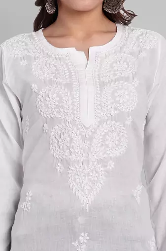 Hand Embroidered White Cotton Lucknowi Chikankari Indian Women Kurti