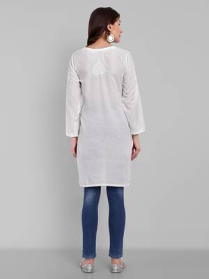Hand Embroidered White Cotton Lucknowi Chikankari Indian Women Kurti 3