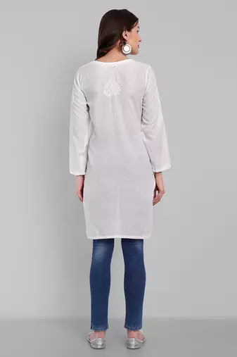 Hand Embroidered White Cotton Lucknowi Chikankari Indian Women Kurti