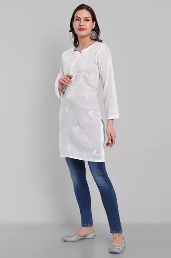 Hand Embroidered White Cotton Lucknowi Chikankari Indian Women Kurti