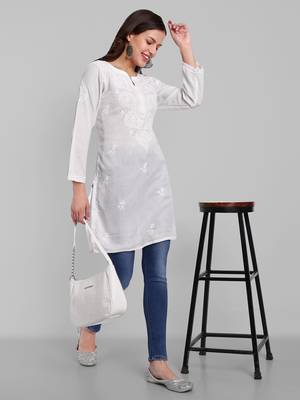 Hand Embroidered White Cotton Lucknowi Chikankari Indian Women Kurti 5