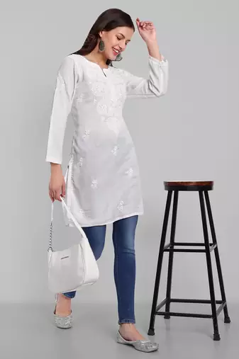 Hand Embroidered White Cotton Lucknowi Chikankari Indian Women Kurti