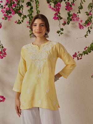 Hand Embroidered Yellow Cotton Lucknowi Chikankari Indian Women Kurti 1