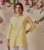 Hand Embroidered Yellow Cotton Lucknowi Chikankari Indian Women Kurti