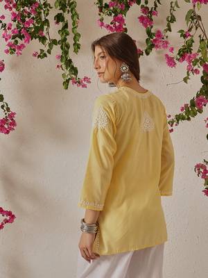 Hand Embroidered Yellow Cotton Lucknowi Chikankari Indian Women Kurti 2