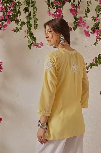 Hand Embroidered Yellow Cotton Lucknowi Chikankari Indian Women Kurti