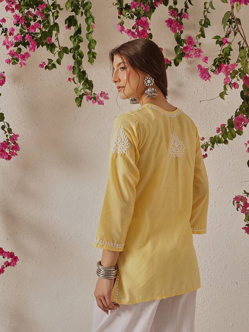 Hand Embroidered Yellow Cotton Lucknowi Chikankari Indian Women Kurti