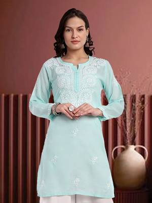Hand Embroidered Sea Green Cotton Lucknowi Chikankari Indian Women Straight Kurti 1
