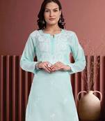 Hand Embroidered Sea Green Cotton Lucknowi Chikankari Indian Women Straight Kurti