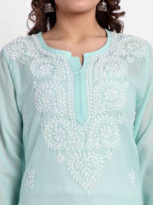 Hand Embroidered Sea Green Cotton Lucknowi Chikankari Indian Women Straight Kurti 2