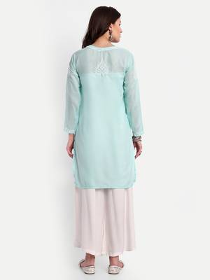 Hand Embroidered Sea Green Cotton Lucknowi Chikankari Indian Women Straight Kurti 3