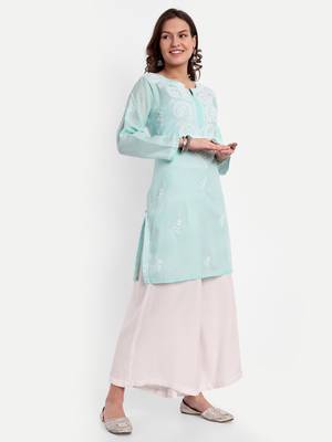 Hand Embroidered Sea Green Cotton Lucknowi Chikankari Indian Women Straight Kurti 4