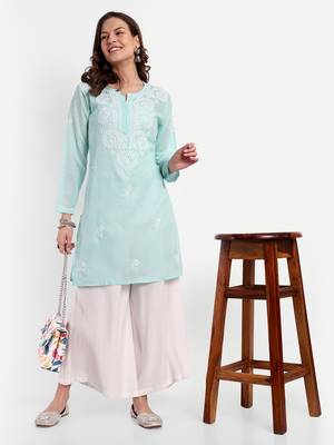 Hand Embroidered Sea Green Cotton Lucknowi Chikankari Indian Women Straight Kurti 5