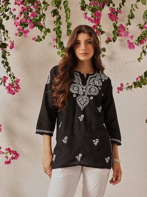 Hand Embroidered Black Cotton Lucknowi Chikankari Indian Women Straight Kurti 1