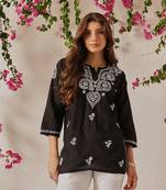 Hand Embroidered Black Cotton Lucknowi Chikankari Indian Women Straight Kurti