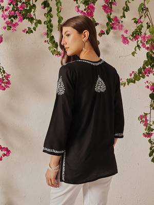 Hand Embroidered Black Cotton Lucknowi Chikankari Indian Women Straight Kurti 3