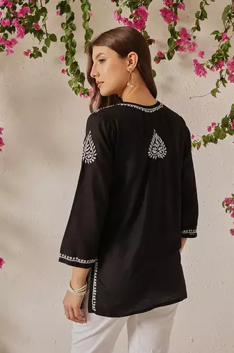 Hand Embroidered Black Cotton Lucknowi Chikankari Indian Women Straight Kurti