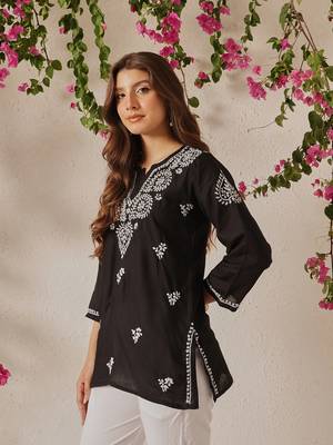 Hand Embroidered Black Cotton Lucknowi Chikankari Indian Women Straight Kurti 4