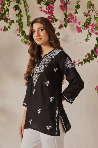 Hand Embroidered Black Cotton Lucknowi Chikankari Indian Women Straight Kurti