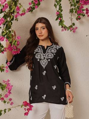 Hand Embroidered Black Cotton Lucknowi Chikankari Indian Women Straight Kurti 5