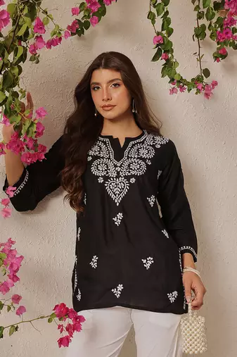 Hand Embroidered Black Cotton Lucknowi Chikankari Indian Women Straight Kurti