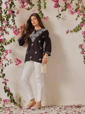 Hand Embroidered Black Cotton Lucknowi Chikankari Indian Women Straight Kurti 6